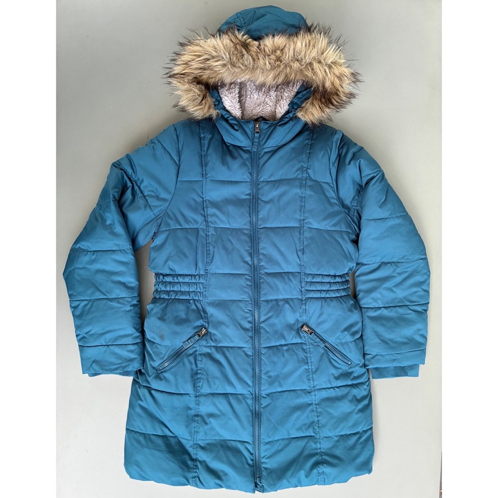 Lands End XL(fits like a M) Teal Blue Hooded Primaloft Puffer Parka Sherpa Lined